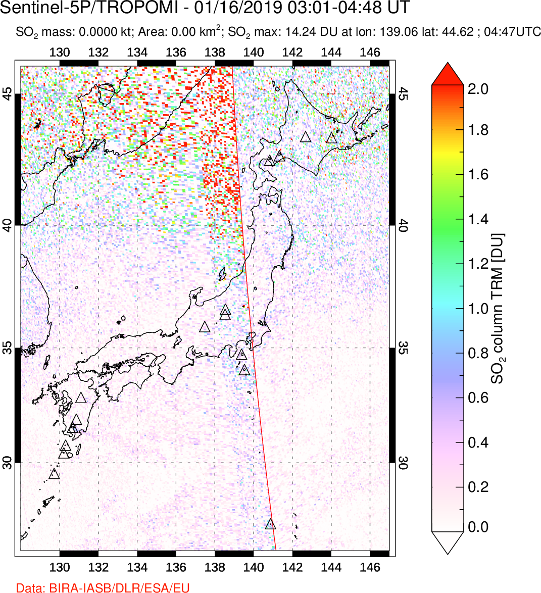 A sulfur dioxide image over Japan on Jan 16, 2019.