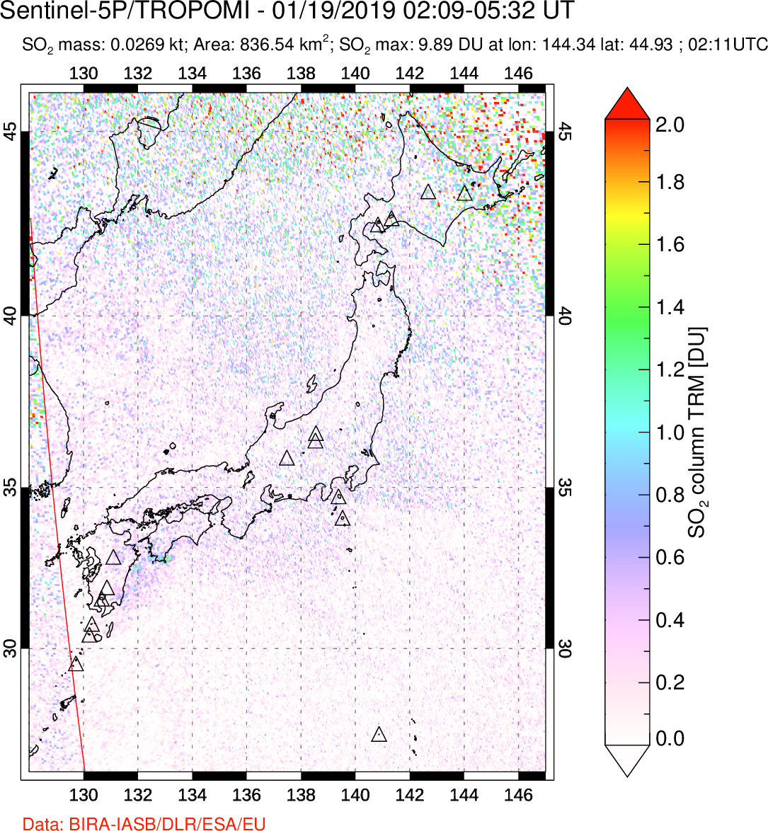A sulfur dioxide image over Japan on Jan 19, 2019.