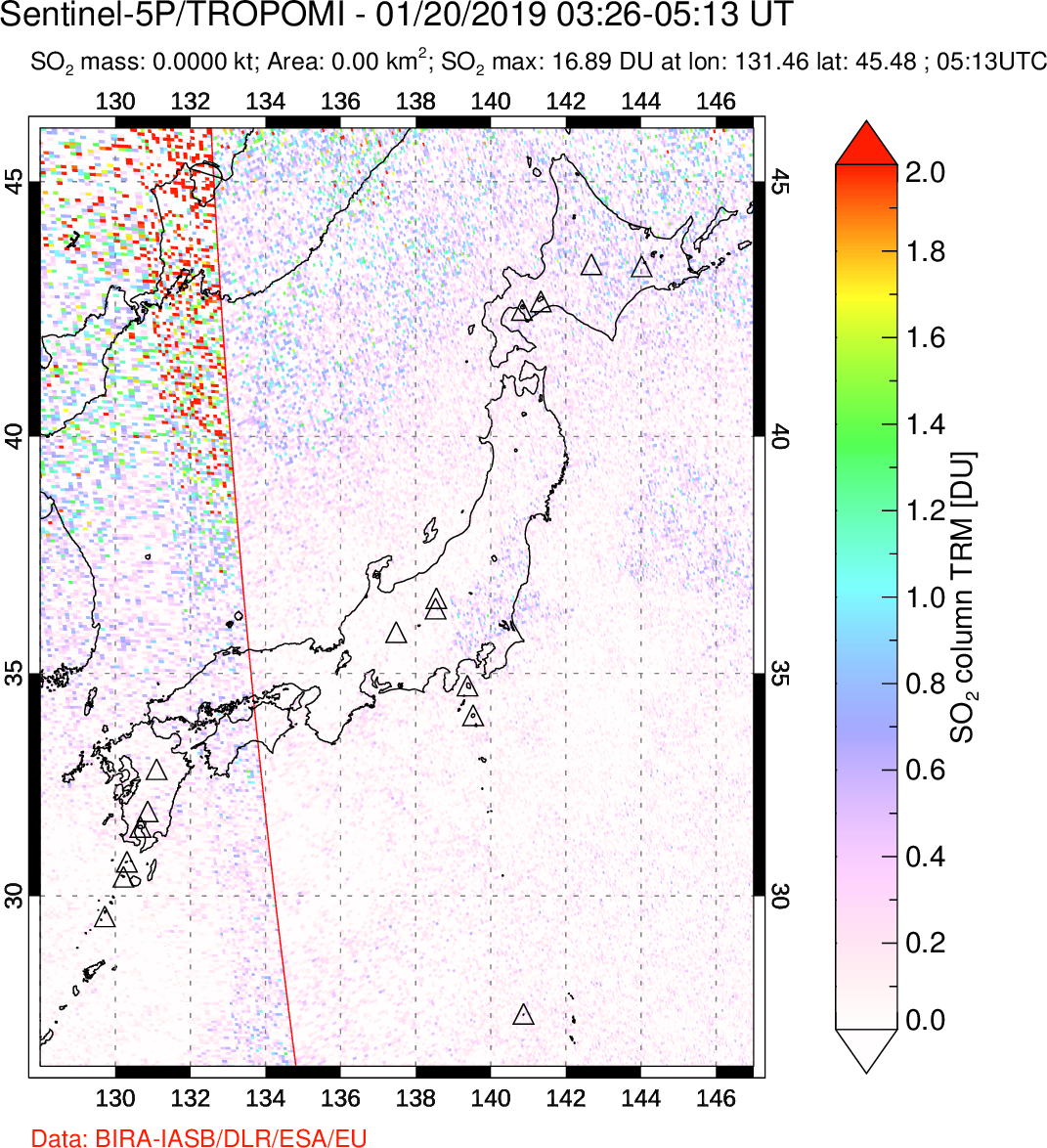 A sulfur dioxide image over Japan on Jan 20, 2019.