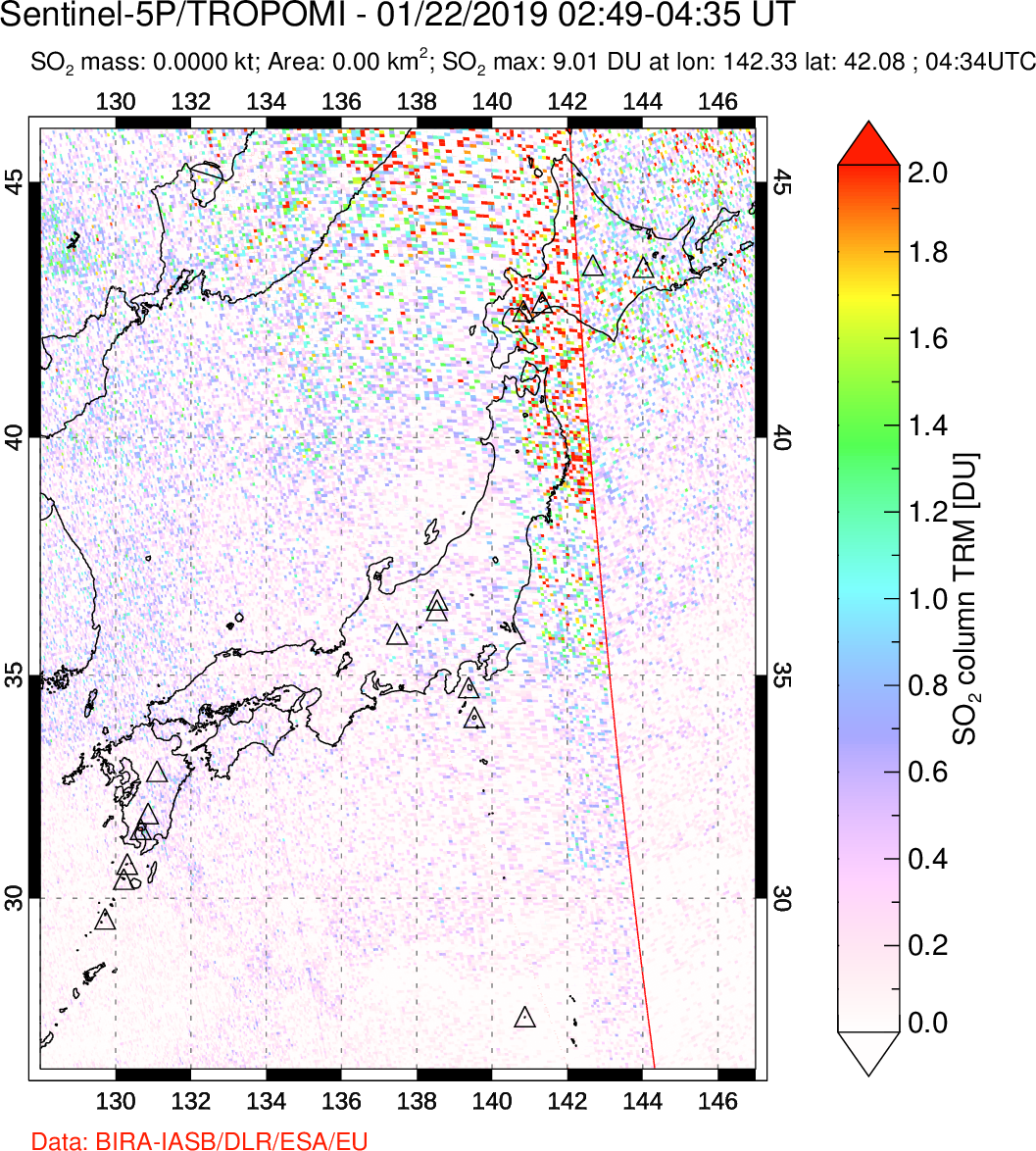 A sulfur dioxide image over Japan on Jan 22, 2019.