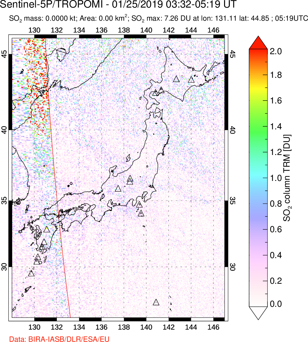A sulfur dioxide image over Japan on Jan 25, 2019.