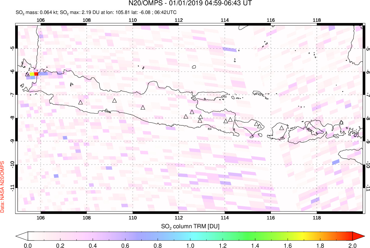 A sulfur dioxide image over Java, Indonesia on Jan 01, 2019.