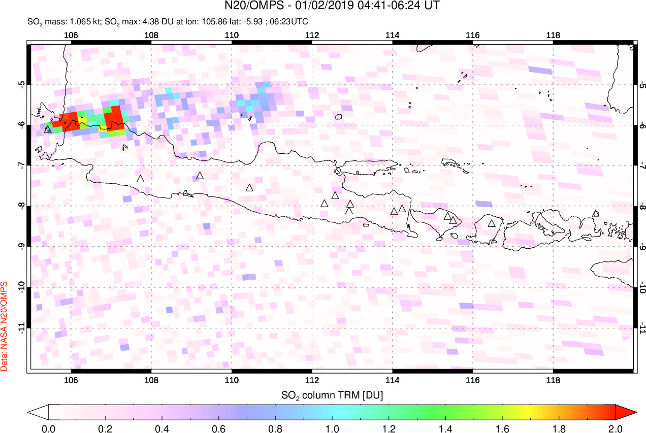 A sulfur dioxide image over Java, Indonesia on Jan 02, 2019.