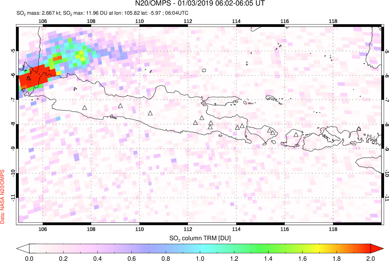 A sulfur dioxide image over Java, Indonesia on Jan 03, 2019.