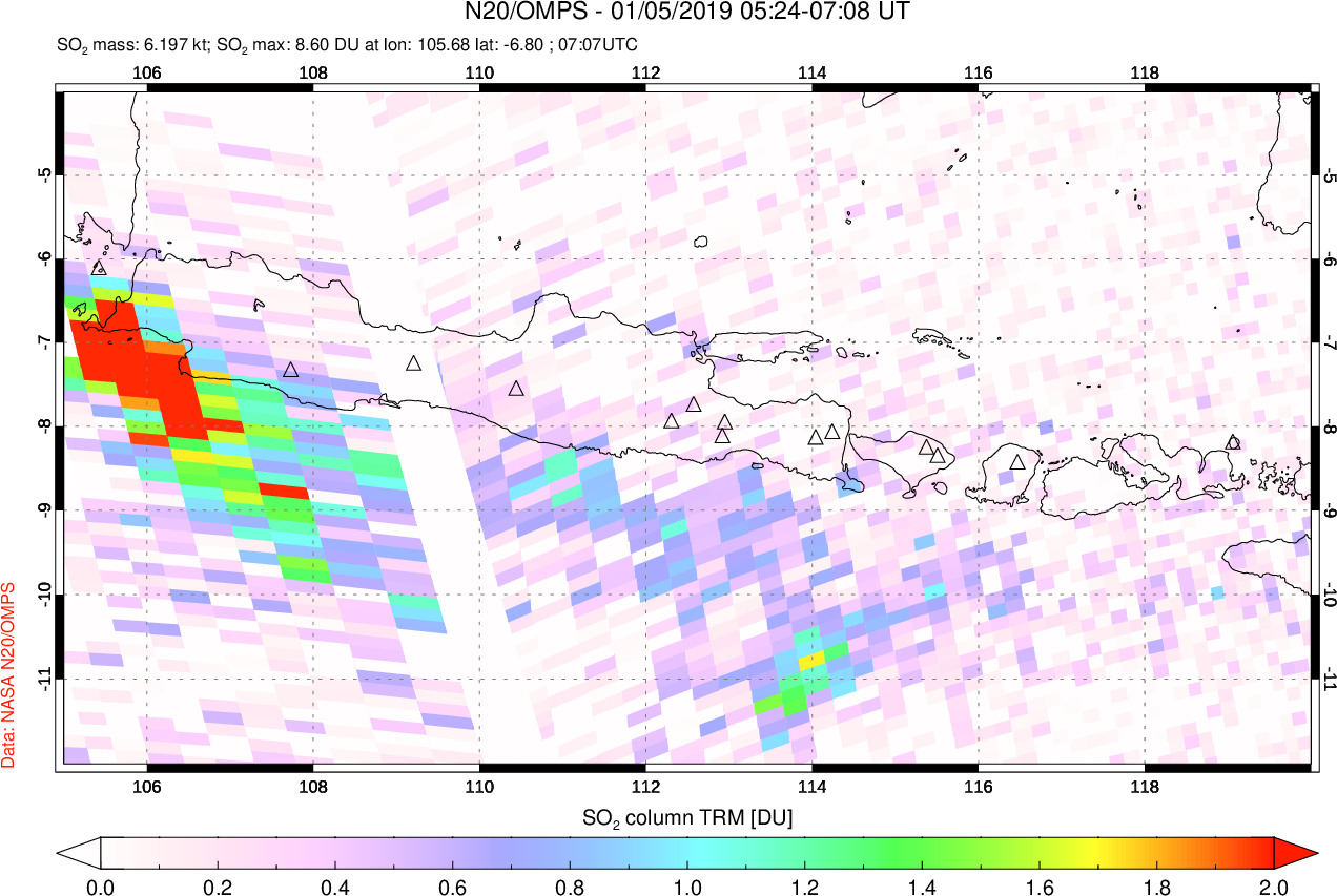 A sulfur dioxide image over Java, Indonesia on Jan 05, 2019.
