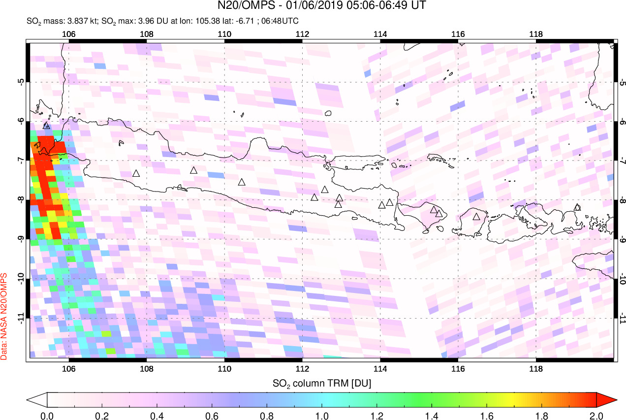 A sulfur dioxide image over Java, Indonesia on Jan 06, 2019.