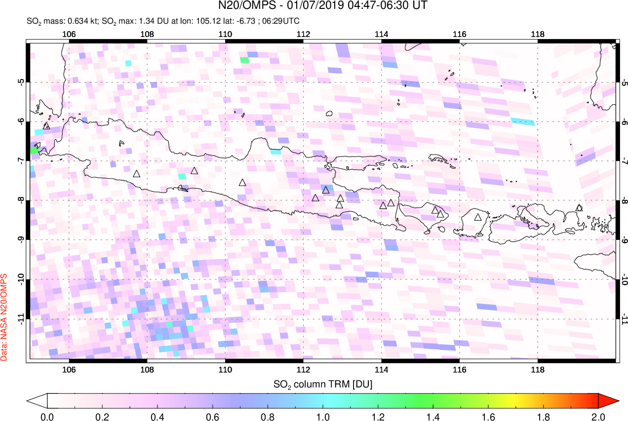 A sulfur dioxide image over Java, Indonesia on Jan 07, 2019.