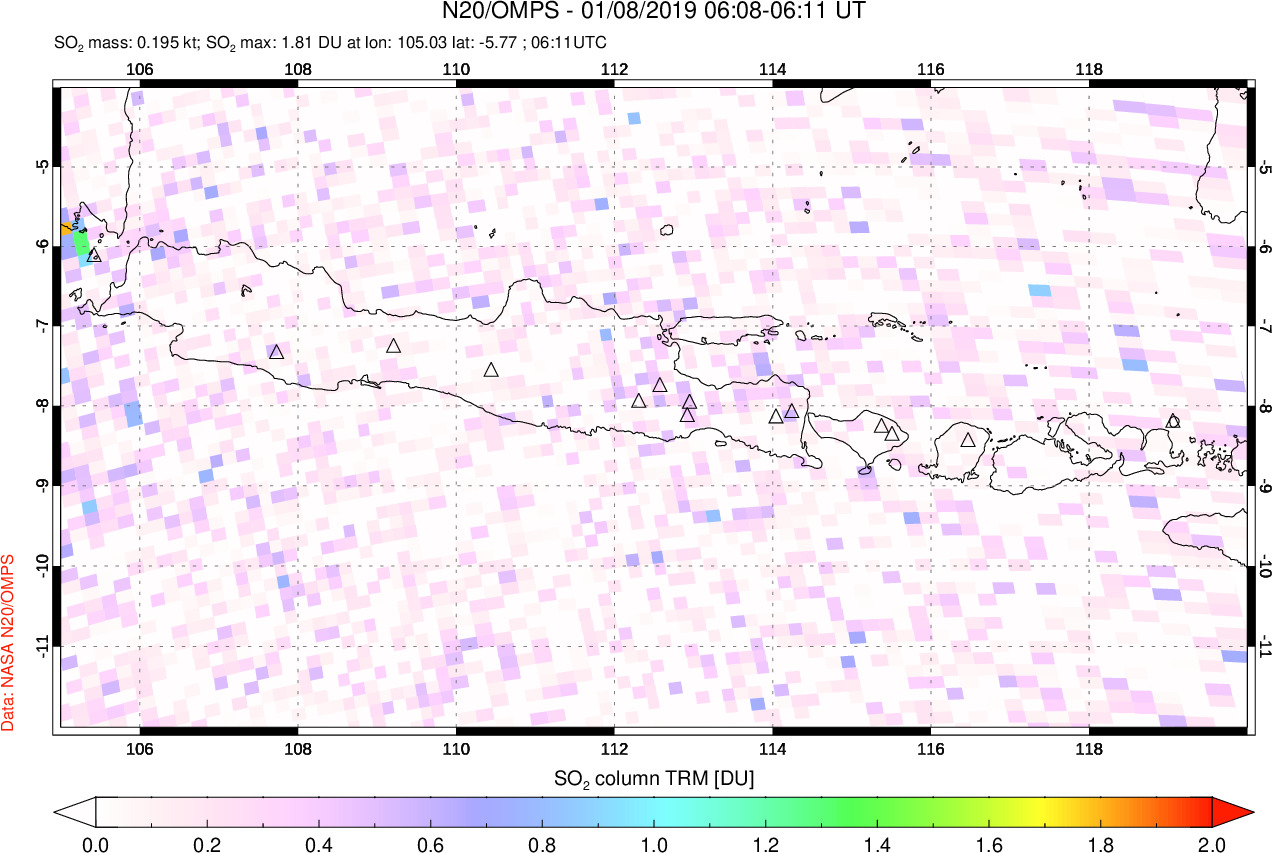 A sulfur dioxide image over Java, Indonesia on Jan 08, 2019.