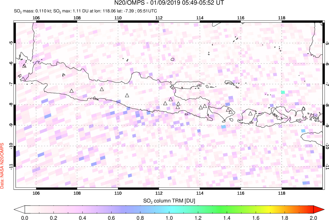 A sulfur dioxide image over Java, Indonesia on Jan 09, 2019.