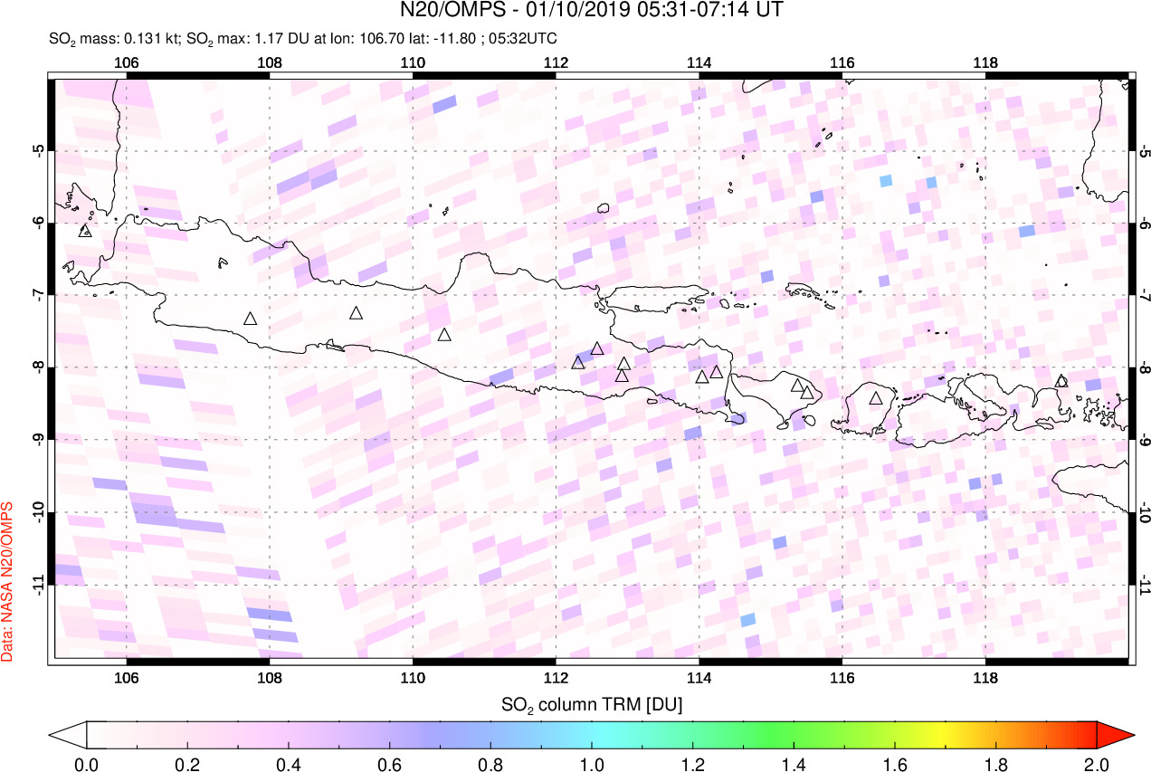 A sulfur dioxide image over Java, Indonesia on Jan 10, 2019.