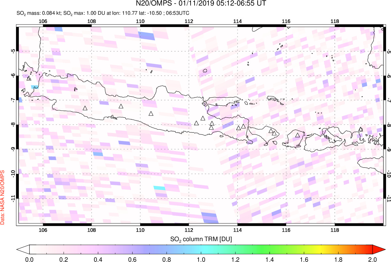 A sulfur dioxide image over Java, Indonesia on Jan 11, 2019.