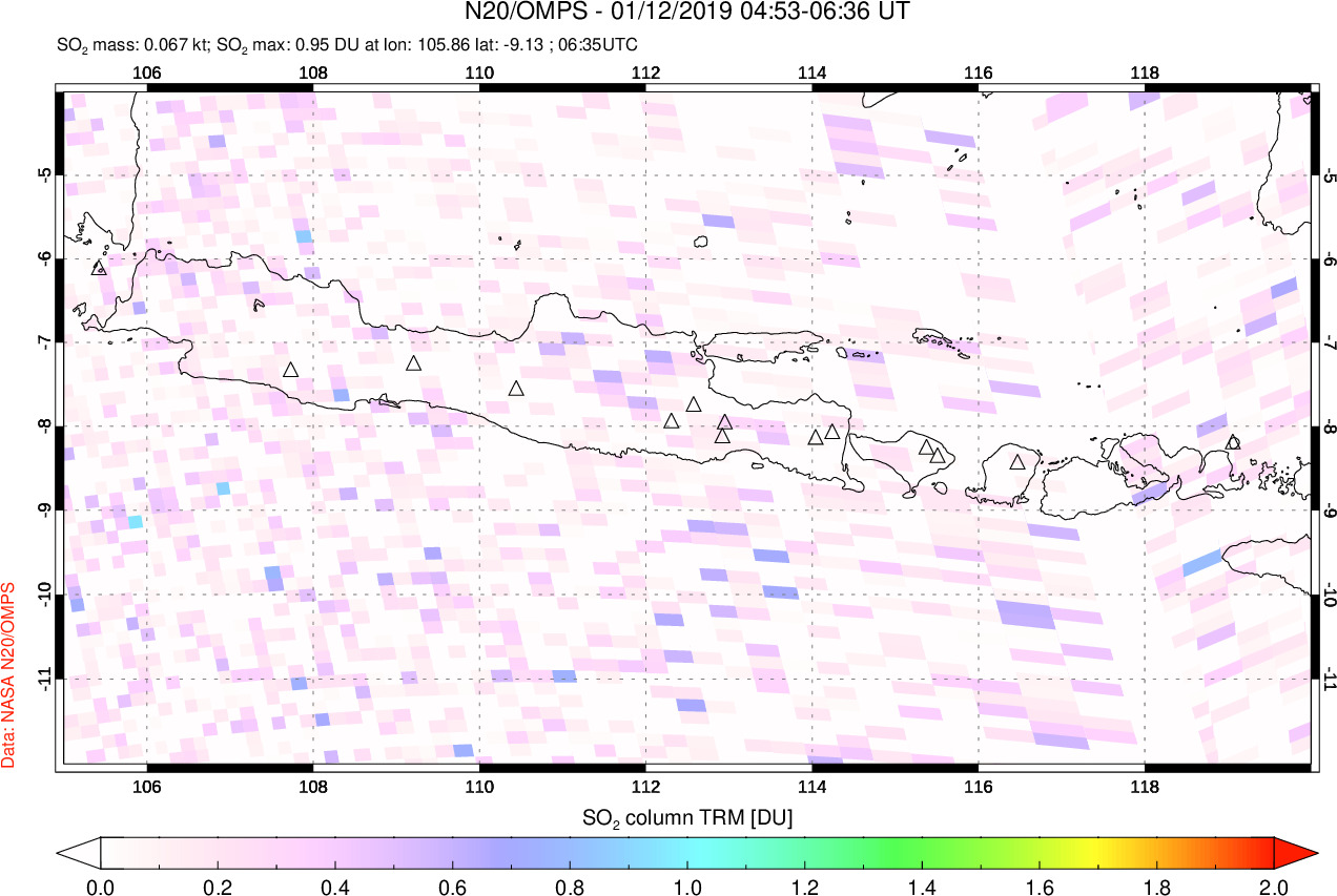 A sulfur dioxide image over Java, Indonesia on Jan 12, 2019.
