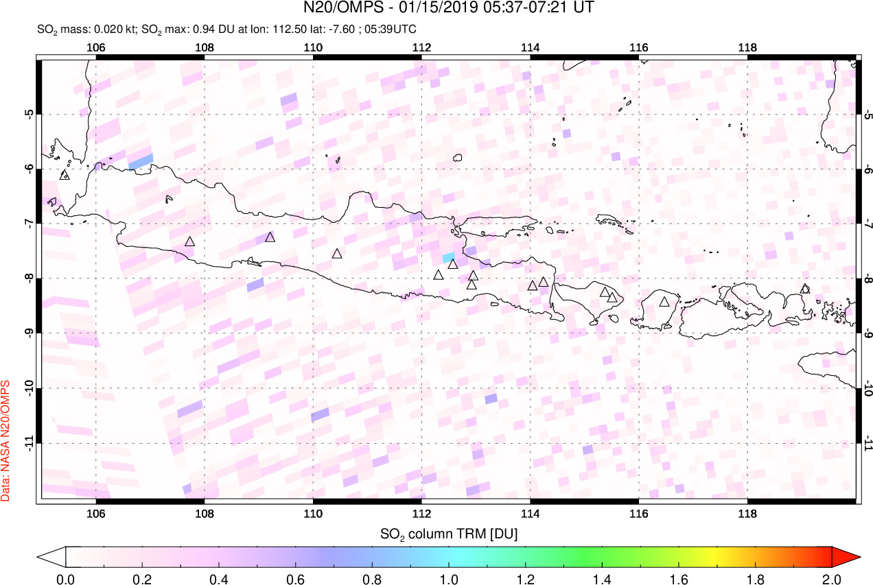A sulfur dioxide image over Java, Indonesia on Jan 15, 2019.