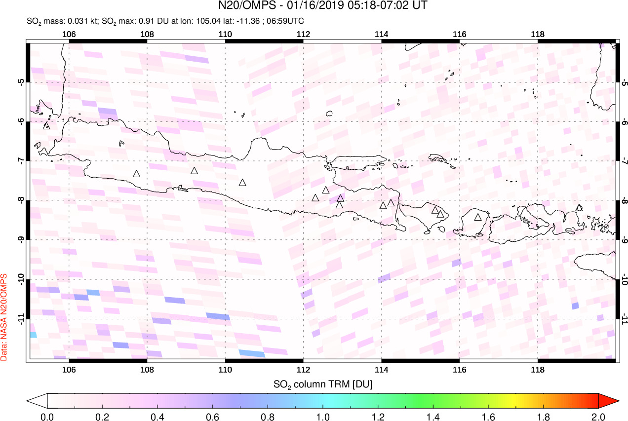 A sulfur dioxide image over Java, Indonesia on Jan 16, 2019.