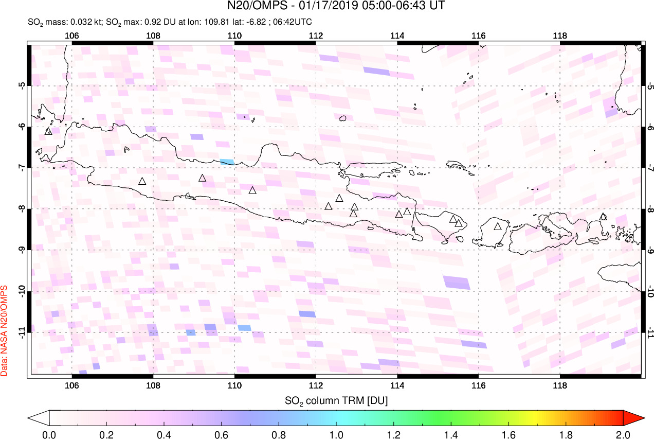 A sulfur dioxide image over Java, Indonesia on Jan 17, 2019.