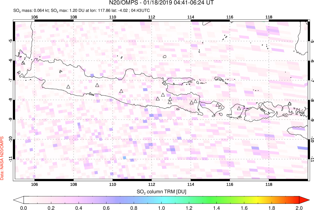 A sulfur dioxide image over Java, Indonesia on Jan 18, 2019.