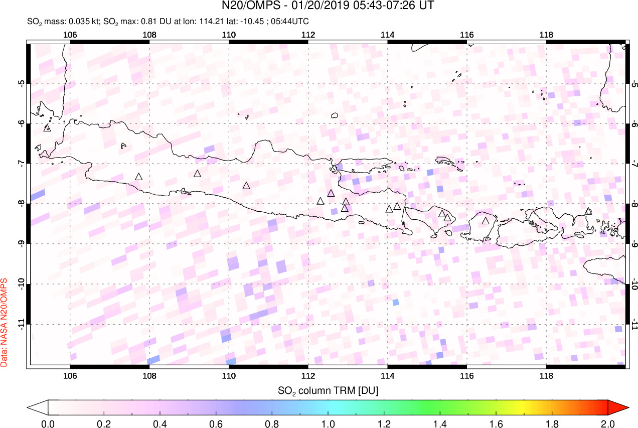 A sulfur dioxide image over Java, Indonesia on Jan 20, 2019.