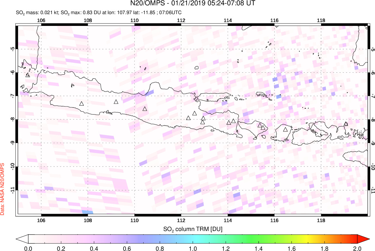 A sulfur dioxide image over Java, Indonesia on Jan 21, 2019.