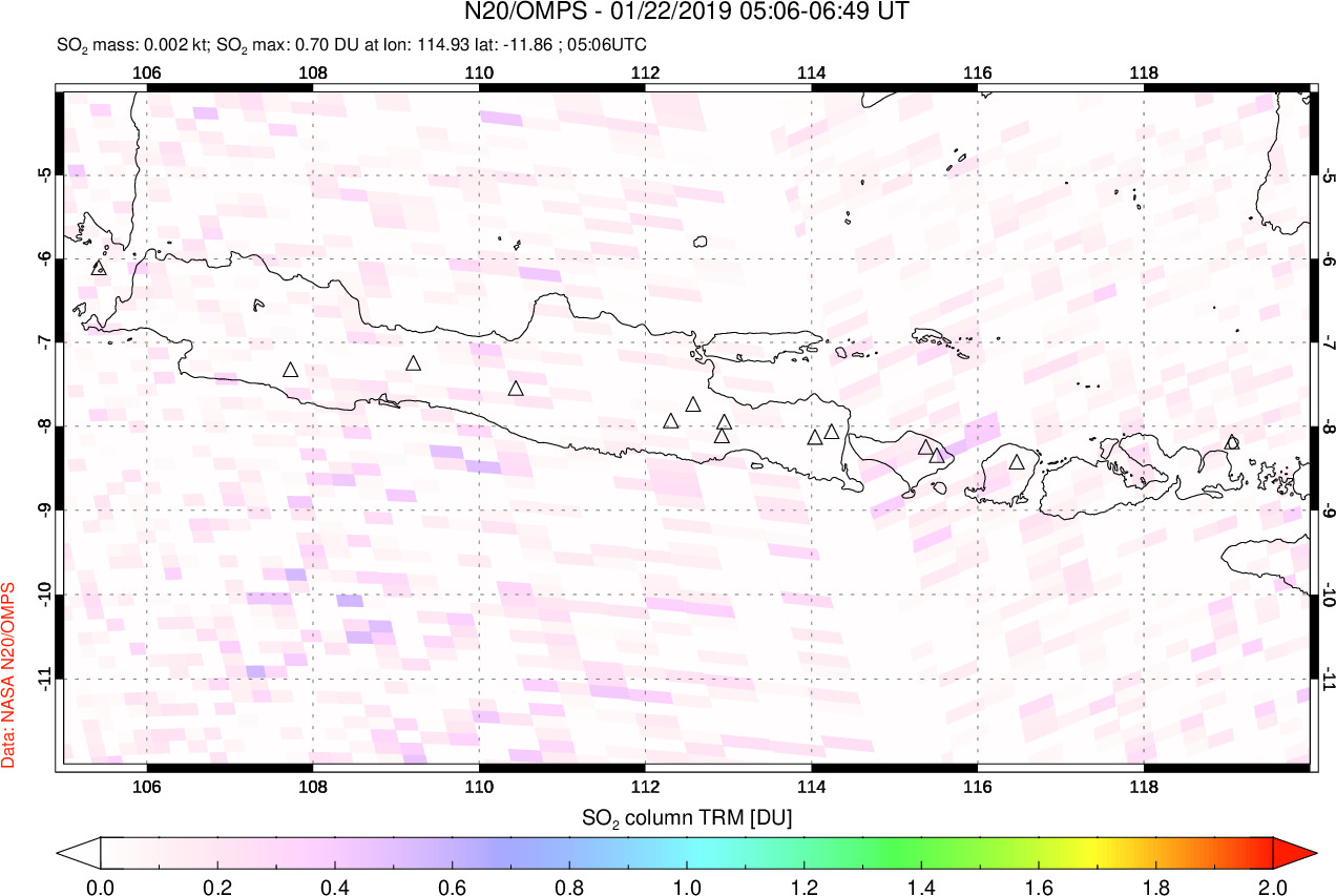 A sulfur dioxide image over Java, Indonesia on Jan 22, 2019.