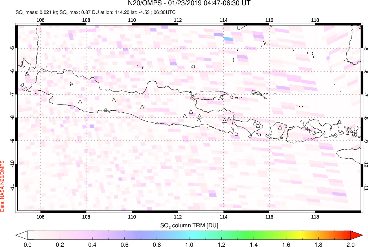 A sulfur dioxide image over Java, Indonesia on Jan 23, 2019.