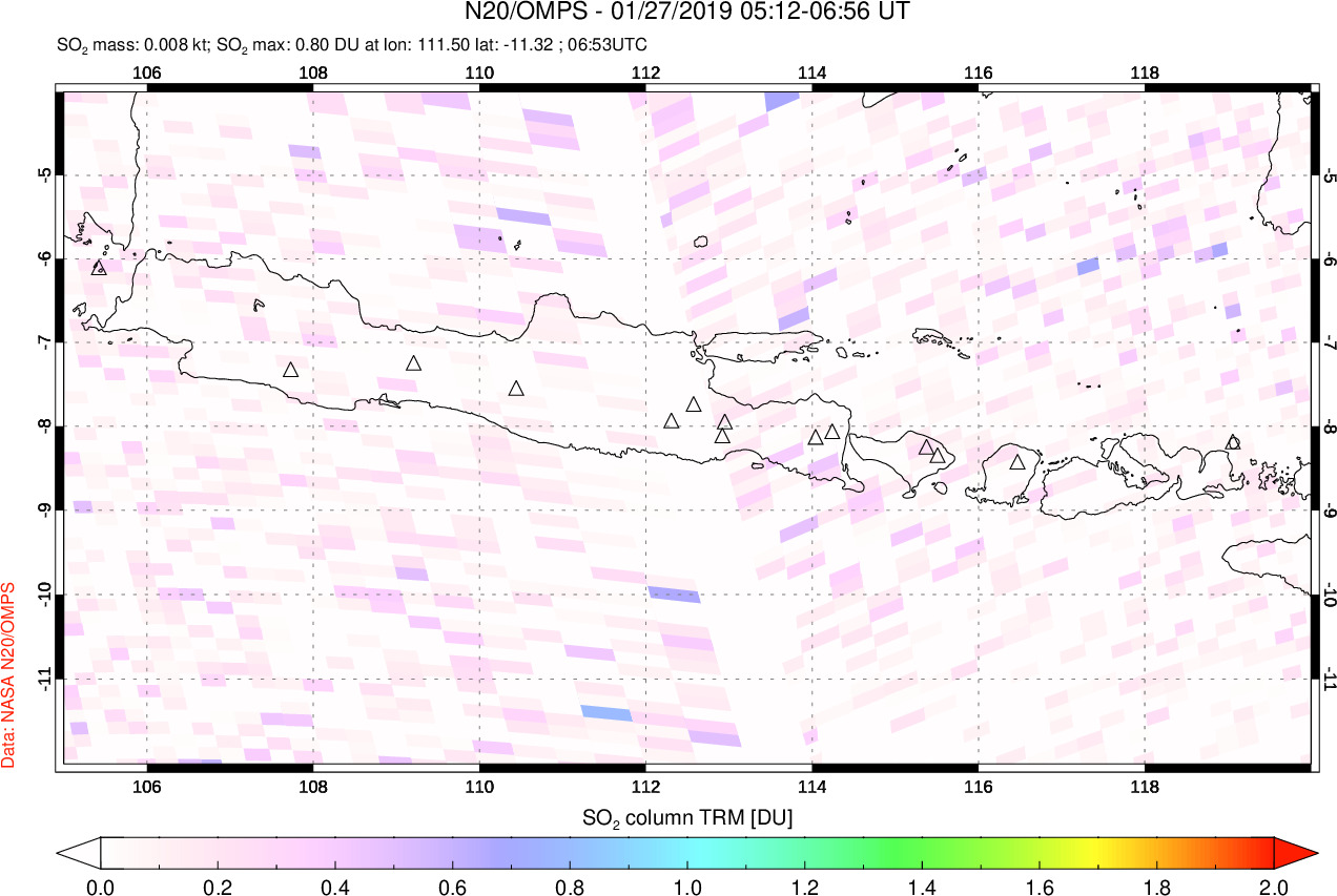 A sulfur dioxide image over Java, Indonesia on Jan 27, 2019.