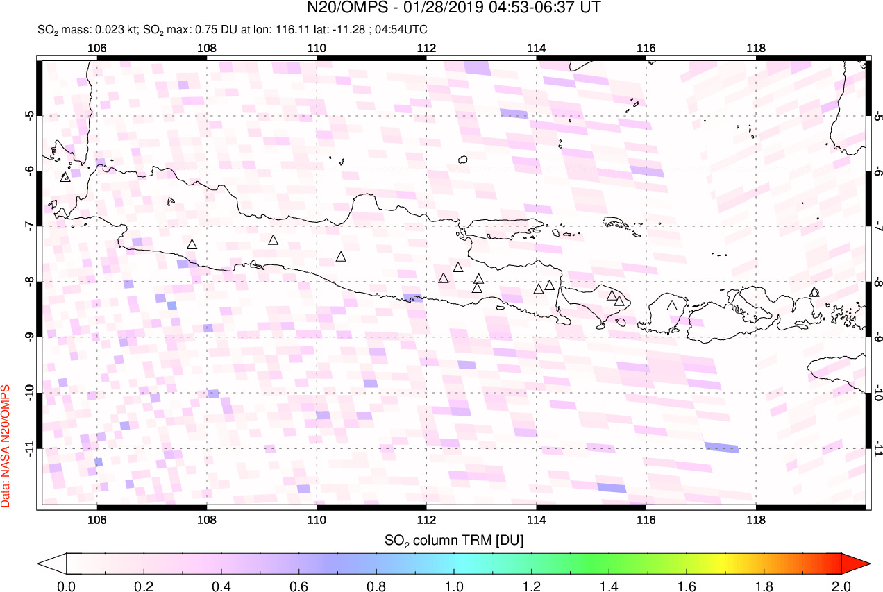 A sulfur dioxide image over Java, Indonesia on Jan 28, 2019.