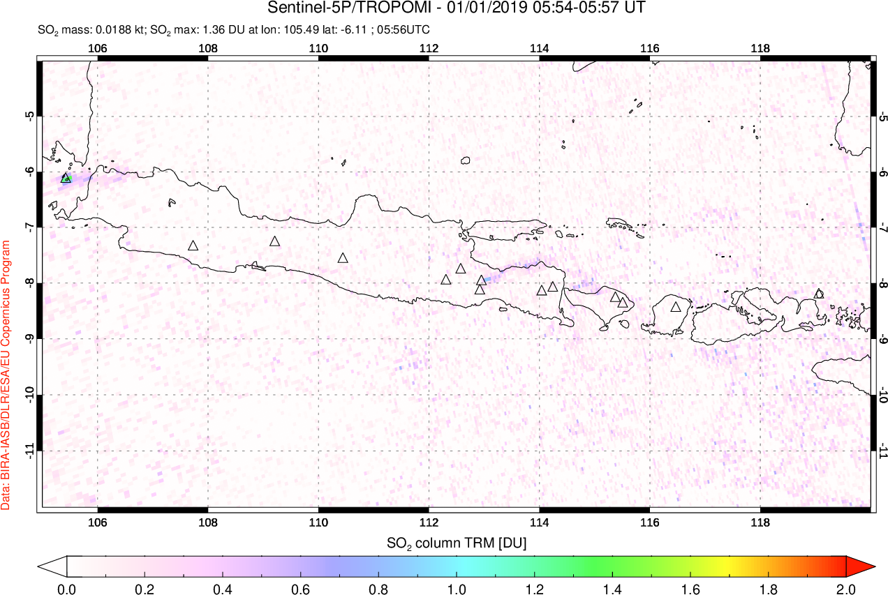 A sulfur dioxide image over Java, Indonesia on Jan 01, 2019.