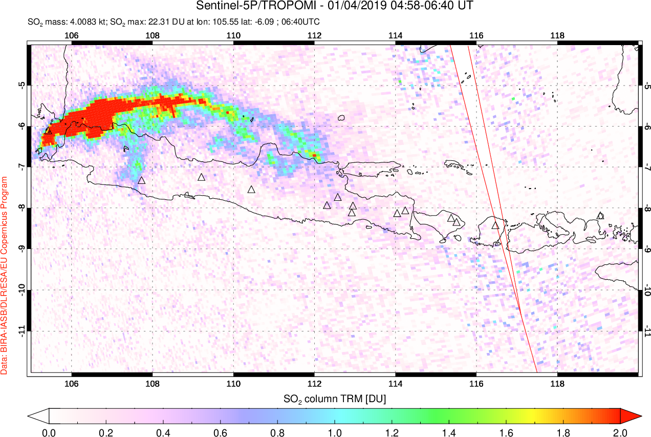 A sulfur dioxide image over Java, Indonesia on Jan 04, 2019.