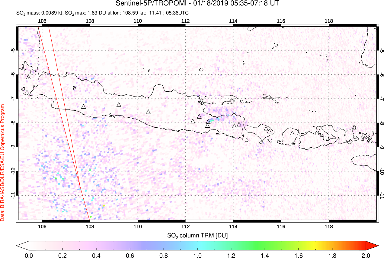A sulfur dioxide image over Java, Indonesia on Jan 18, 2019.