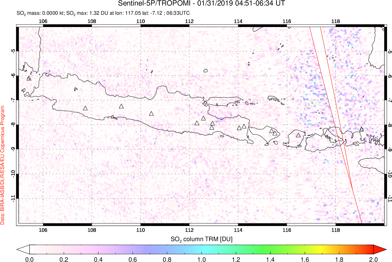 A sulfur dioxide image over Java, Indonesia on Jan 31, 2019.