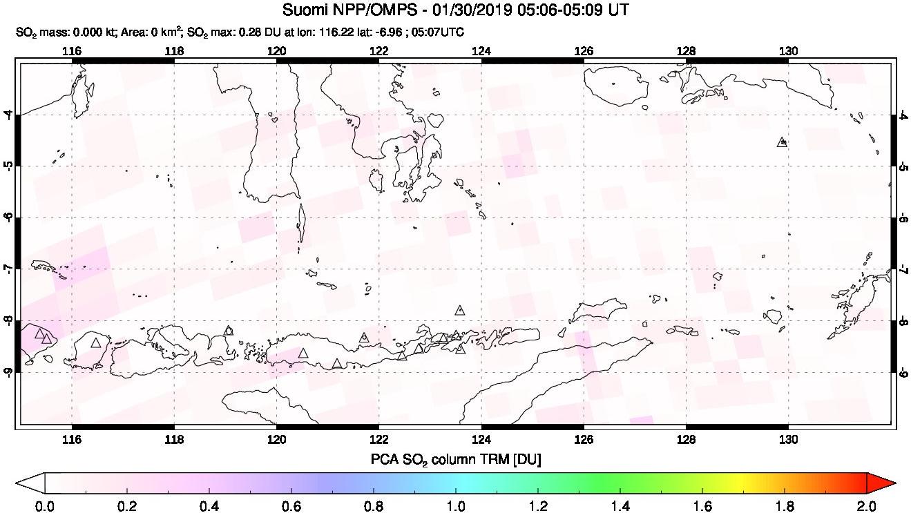 A sulfur dioxide image over Lesser Sunda Islands, Indonesia on Jan 30, 2019.