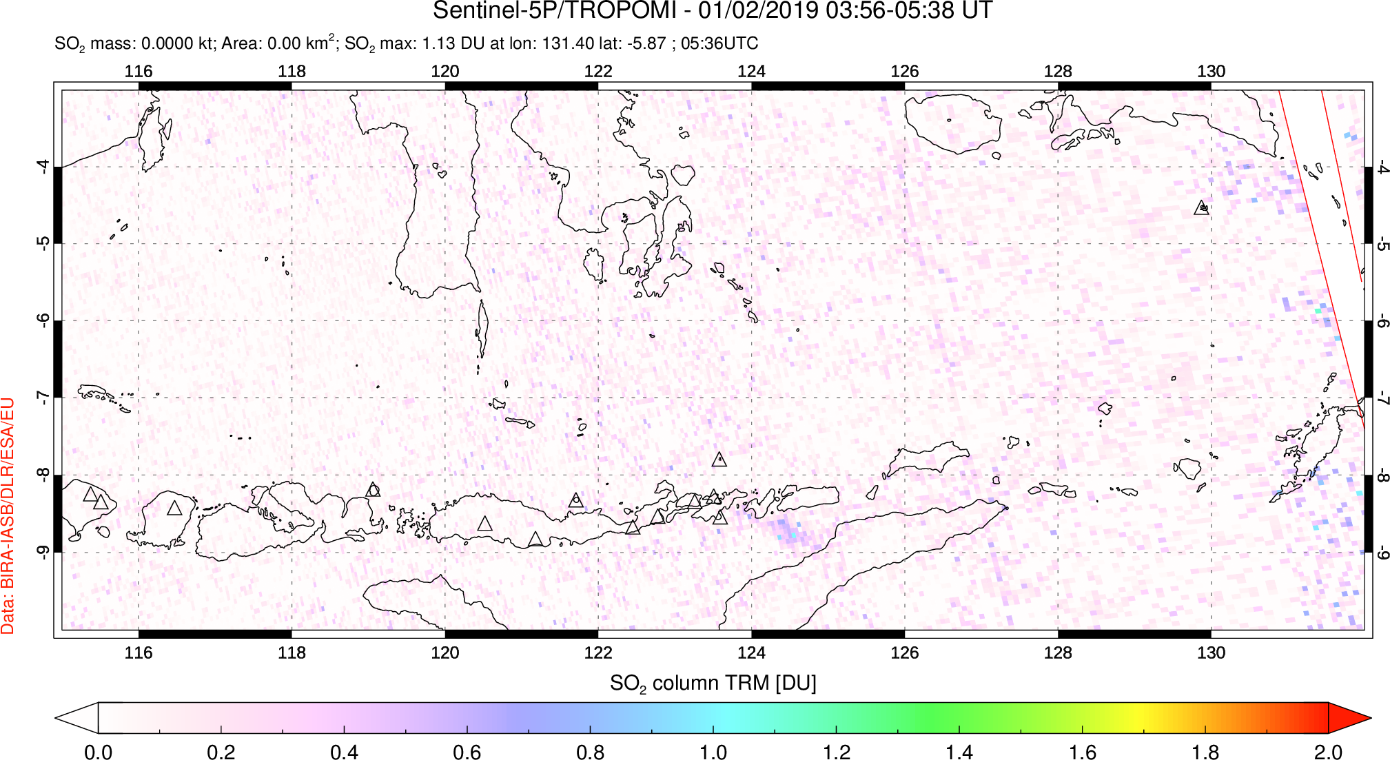 A sulfur dioxide image over Lesser Sunda Islands, Indonesia on Jan 02, 2019.