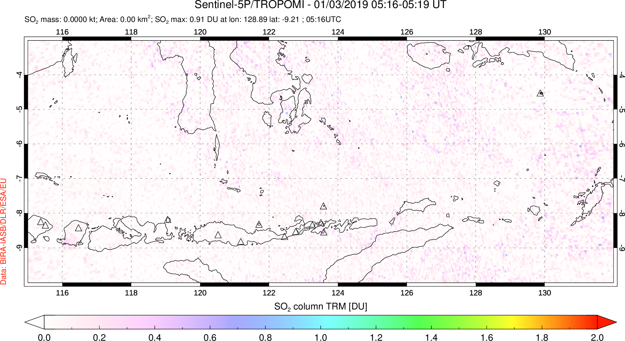 A sulfur dioxide image over Lesser Sunda Islands, Indonesia on Jan 03, 2019.