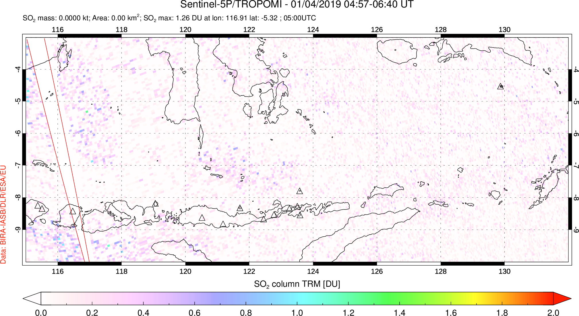 A sulfur dioxide image over Lesser Sunda Islands, Indonesia on Jan 04, 2019.