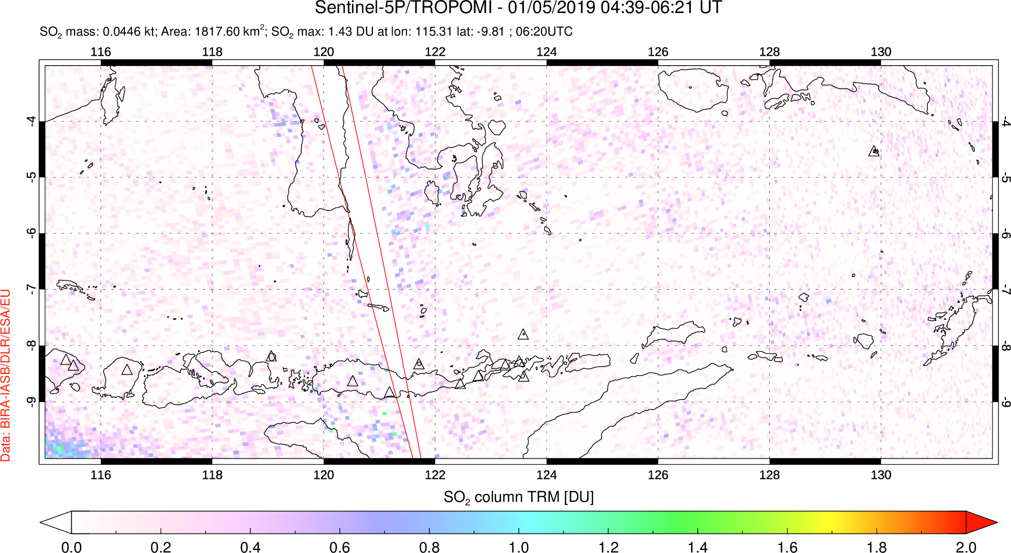 A sulfur dioxide image over Lesser Sunda Islands, Indonesia on Jan 05, 2019.