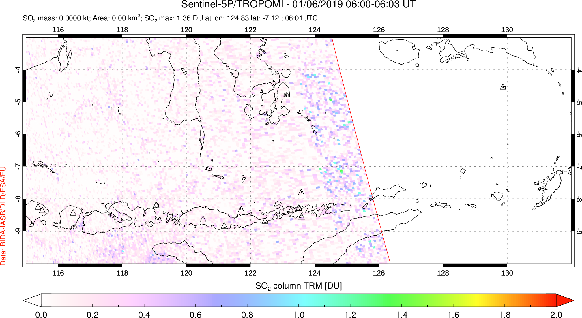 A sulfur dioxide image over Lesser Sunda Islands, Indonesia on Jan 06, 2019.