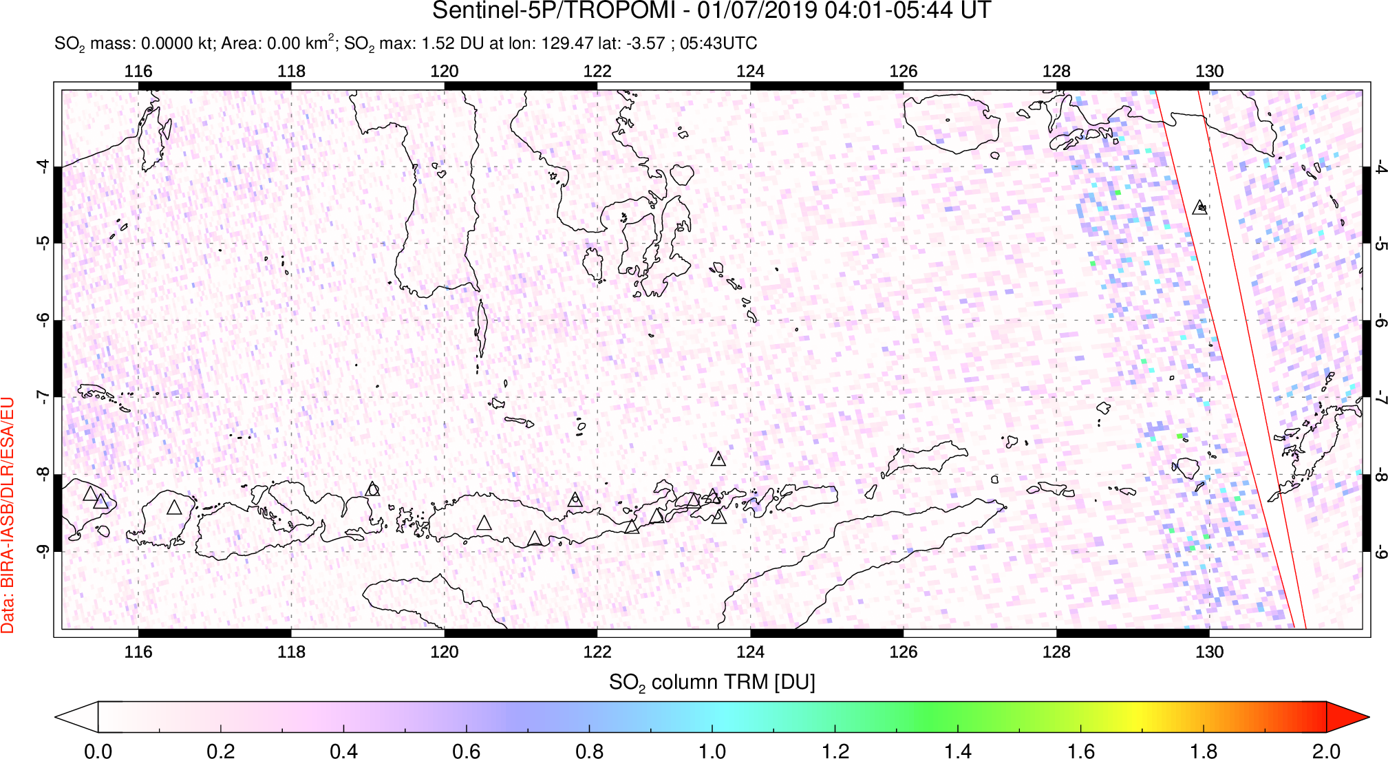 A sulfur dioxide image over Lesser Sunda Islands, Indonesia on Jan 07, 2019.
