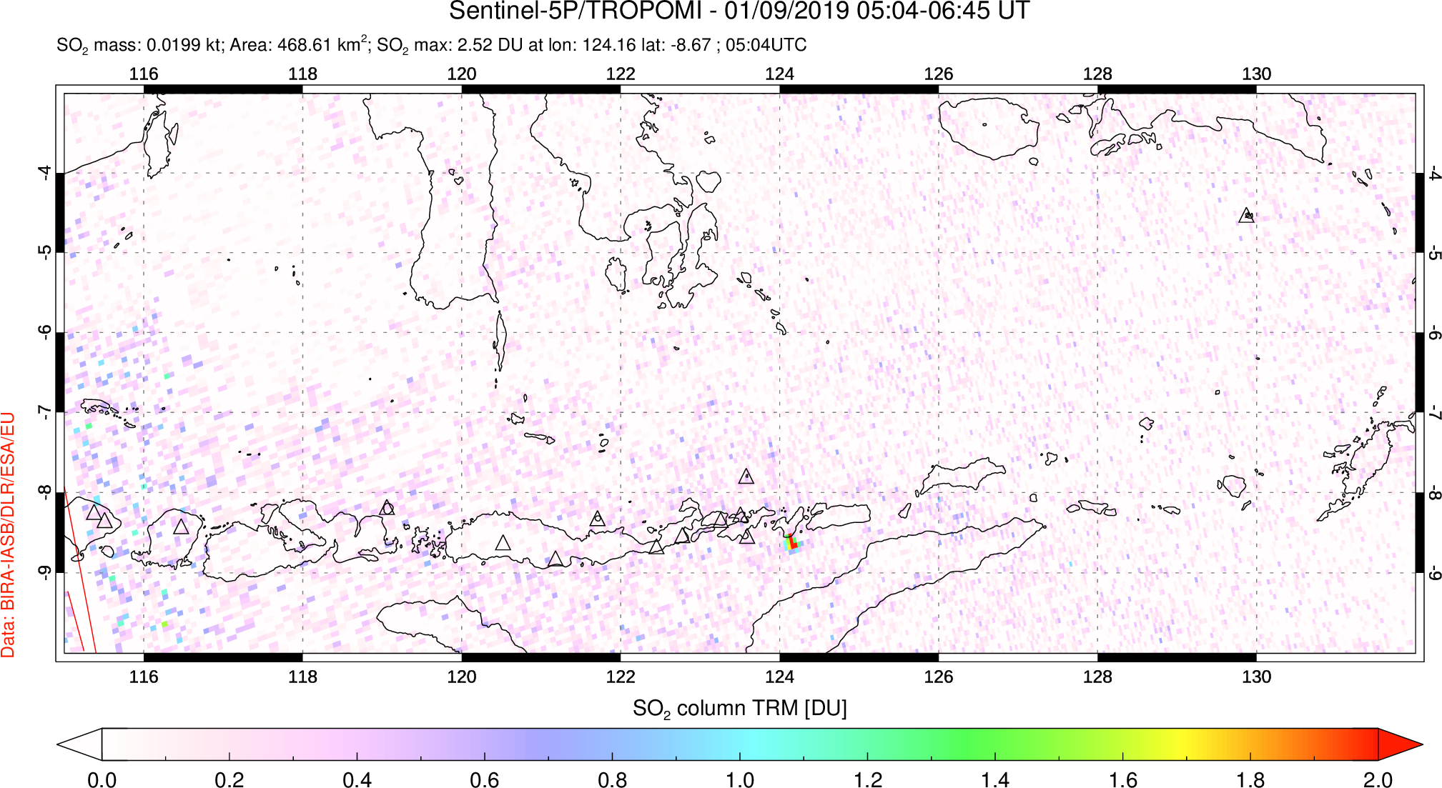 A sulfur dioxide image over Lesser Sunda Islands, Indonesia on Jan 09, 2019.