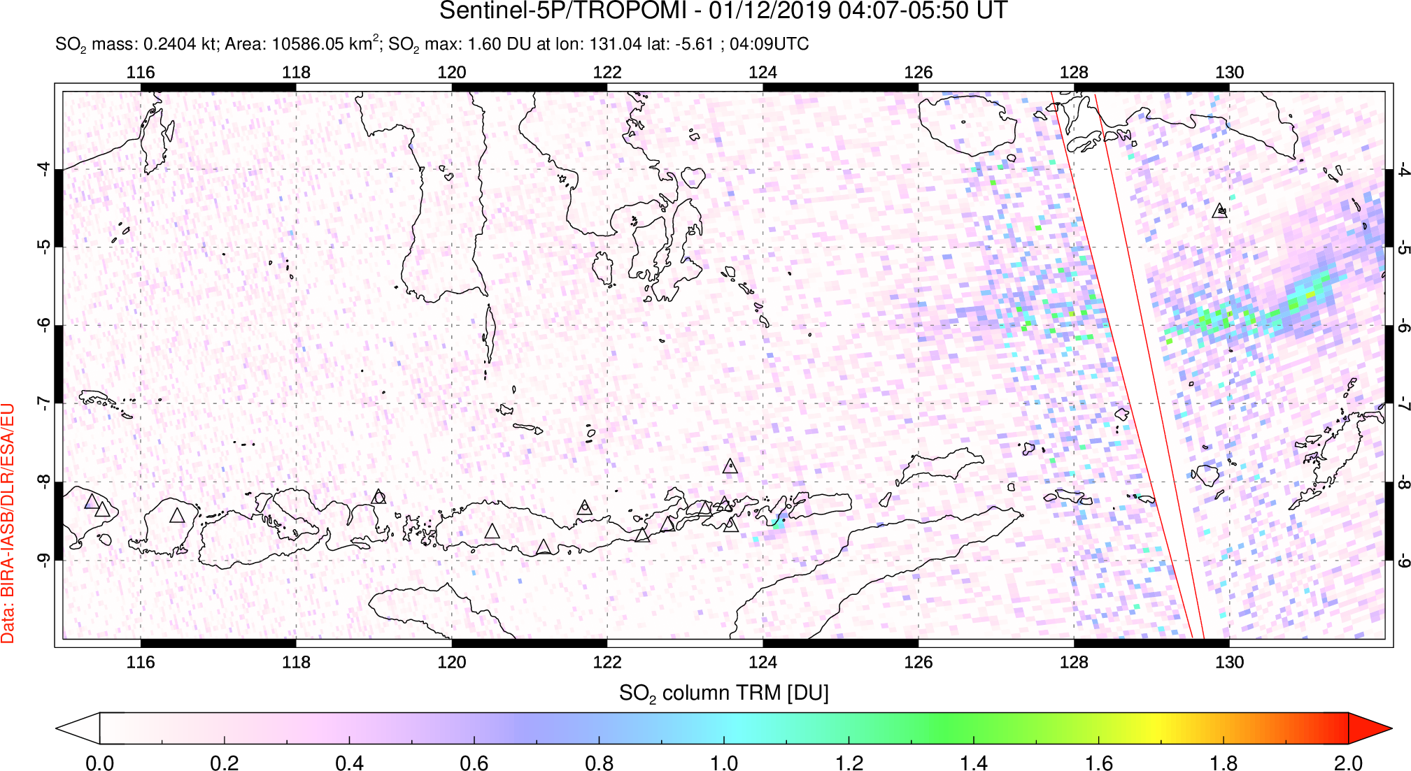 A sulfur dioxide image over Lesser Sunda Islands, Indonesia on Jan 12, 2019.