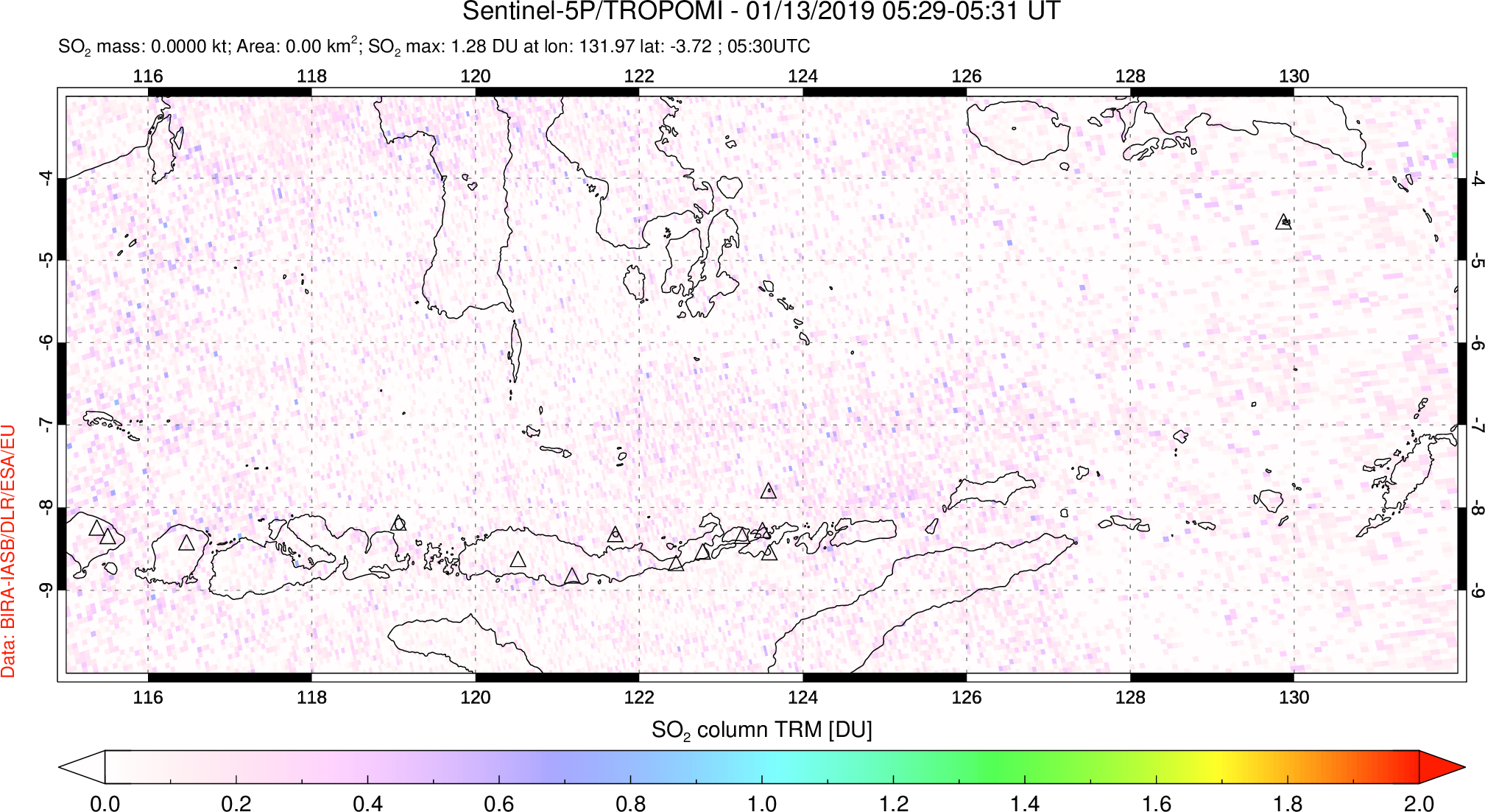 A sulfur dioxide image over Lesser Sunda Islands, Indonesia on Jan 13, 2019.
