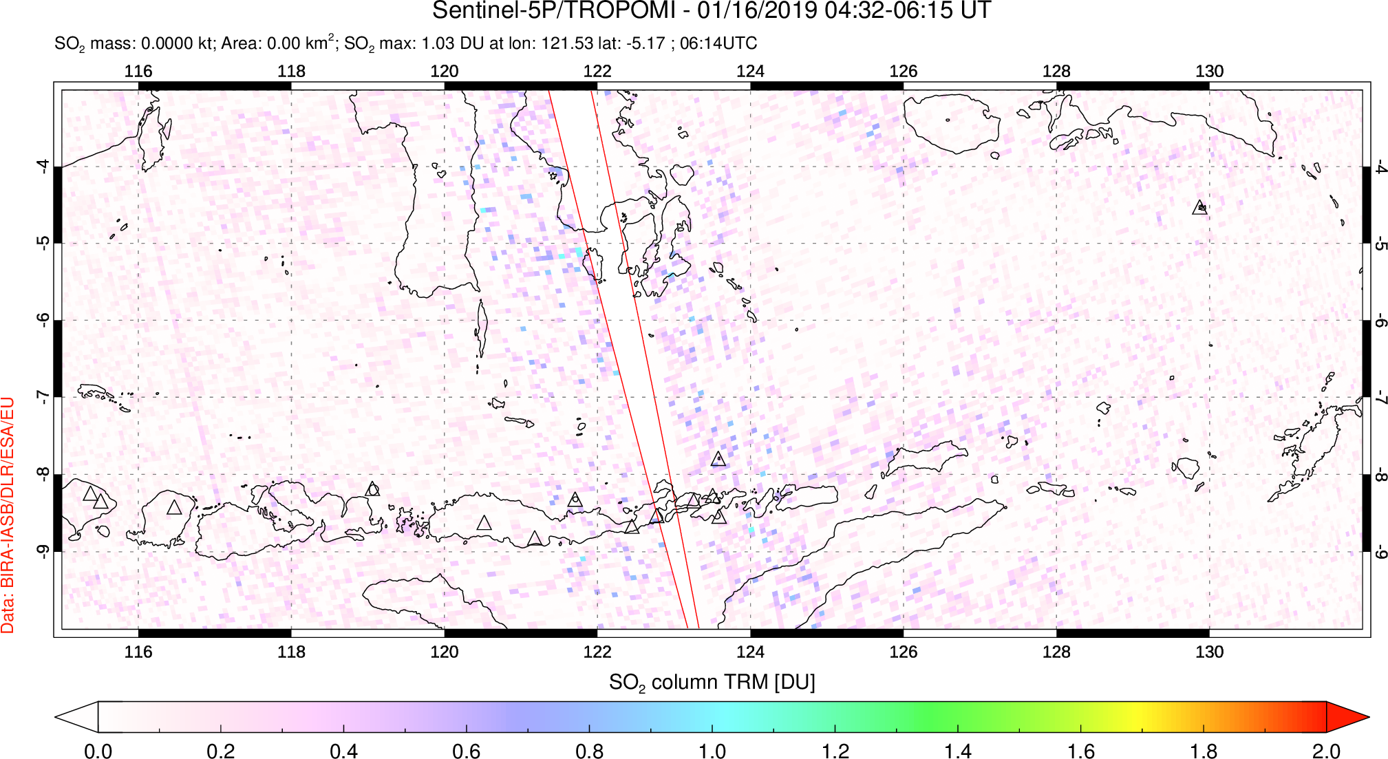 A sulfur dioxide image over Lesser Sunda Islands, Indonesia on Jan 16, 2019.