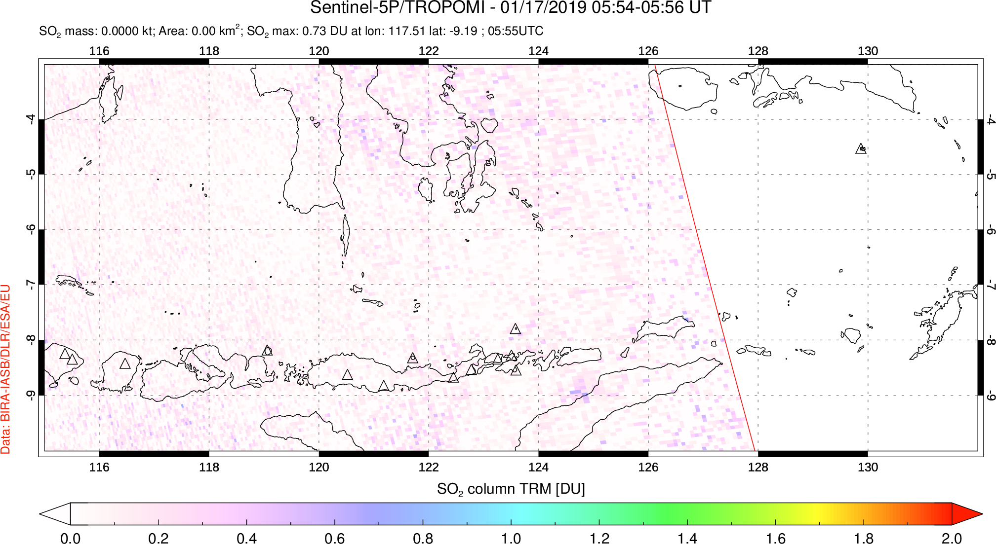 A sulfur dioxide image over Lesser Sunda Islands, Indonesia on Jan 17, 2019.
