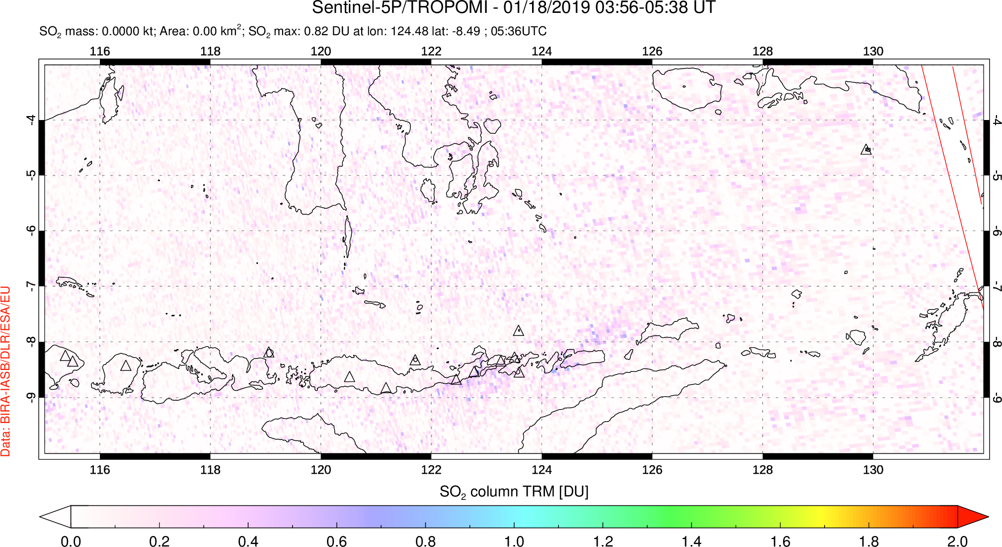 A sulfur dioxide image over Lesser Sunda Islands, Indonesia on Jan 18, 2019.