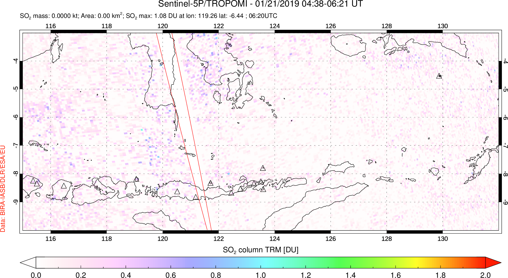 A sulfur dioxide image over Lesser Sunda Islands, Indonesia on Jan 21, 2019.