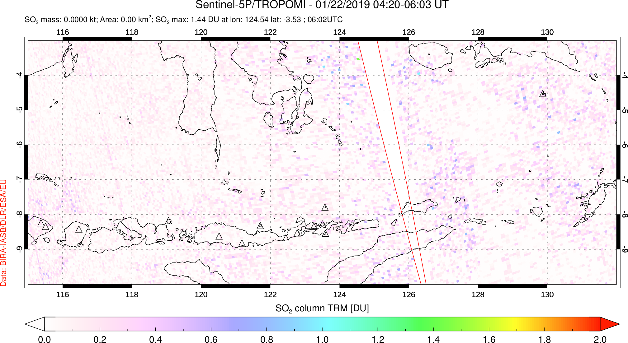 A sulfur dioxide image over Lesser Sunda Islands, Indonesia on Jan 22, 2019.