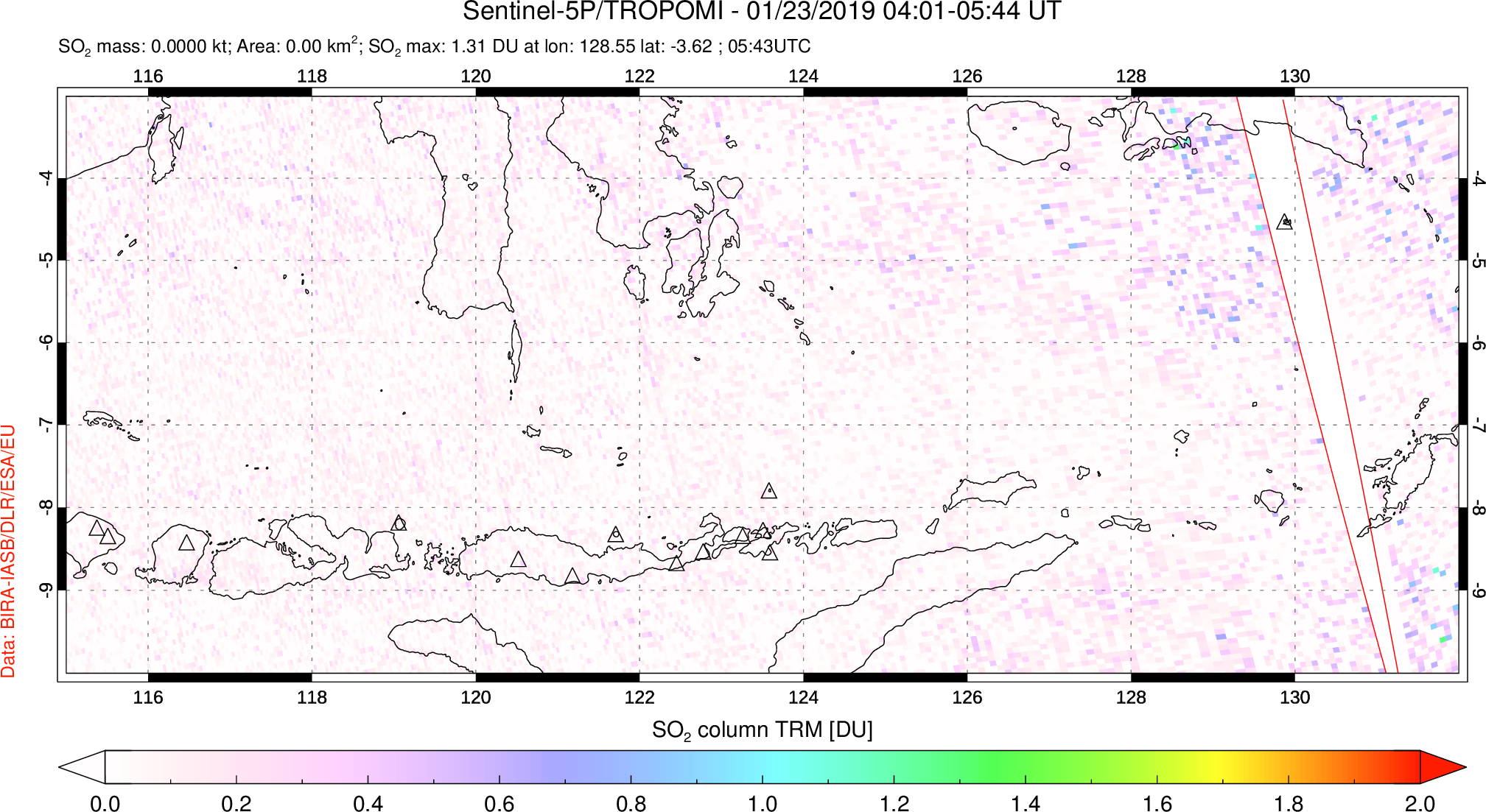 A sulfur dioxide image over Lesser Sunda Islands, Indonesia on Jan 23, 2019.