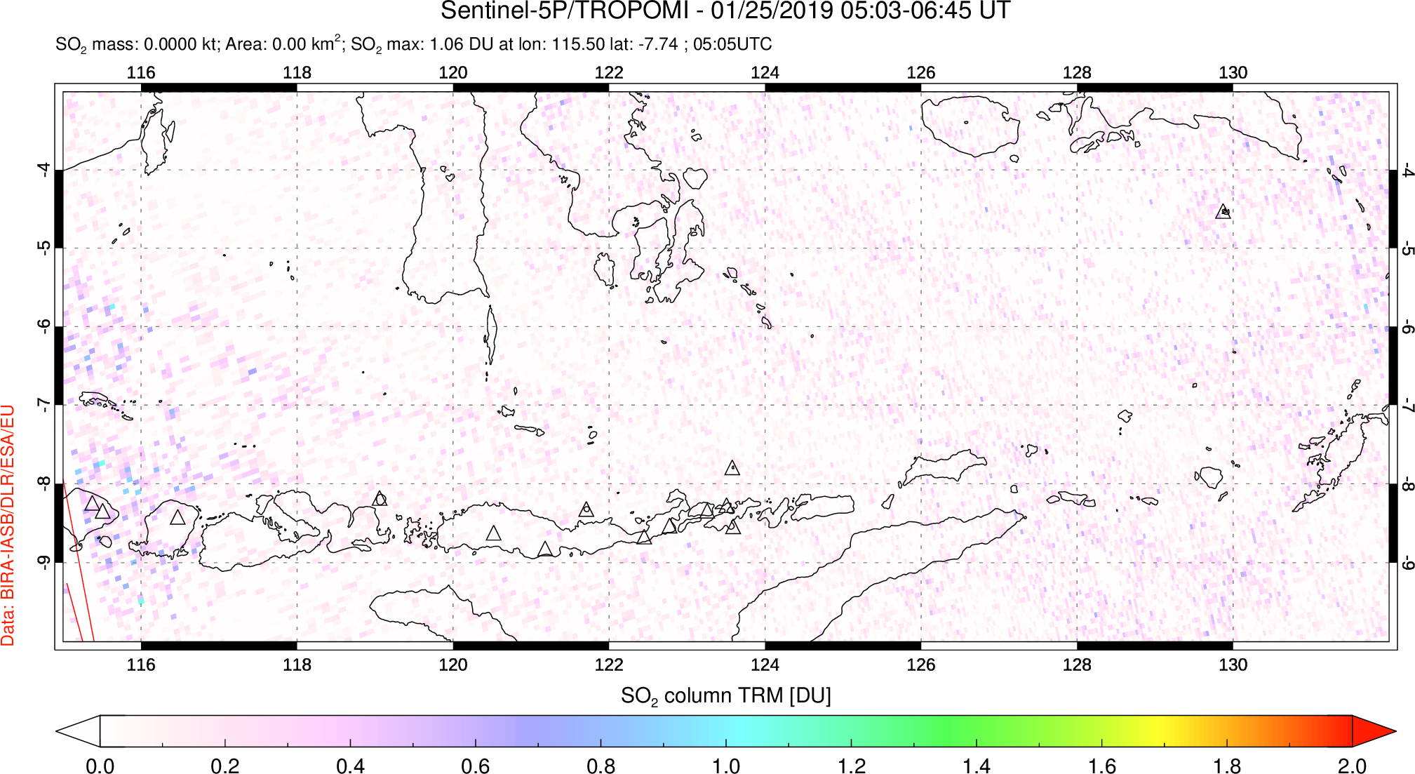 A sulfur dioxide image over Lesser Sunda Islands, Indonesia on Jan 25, 2019.