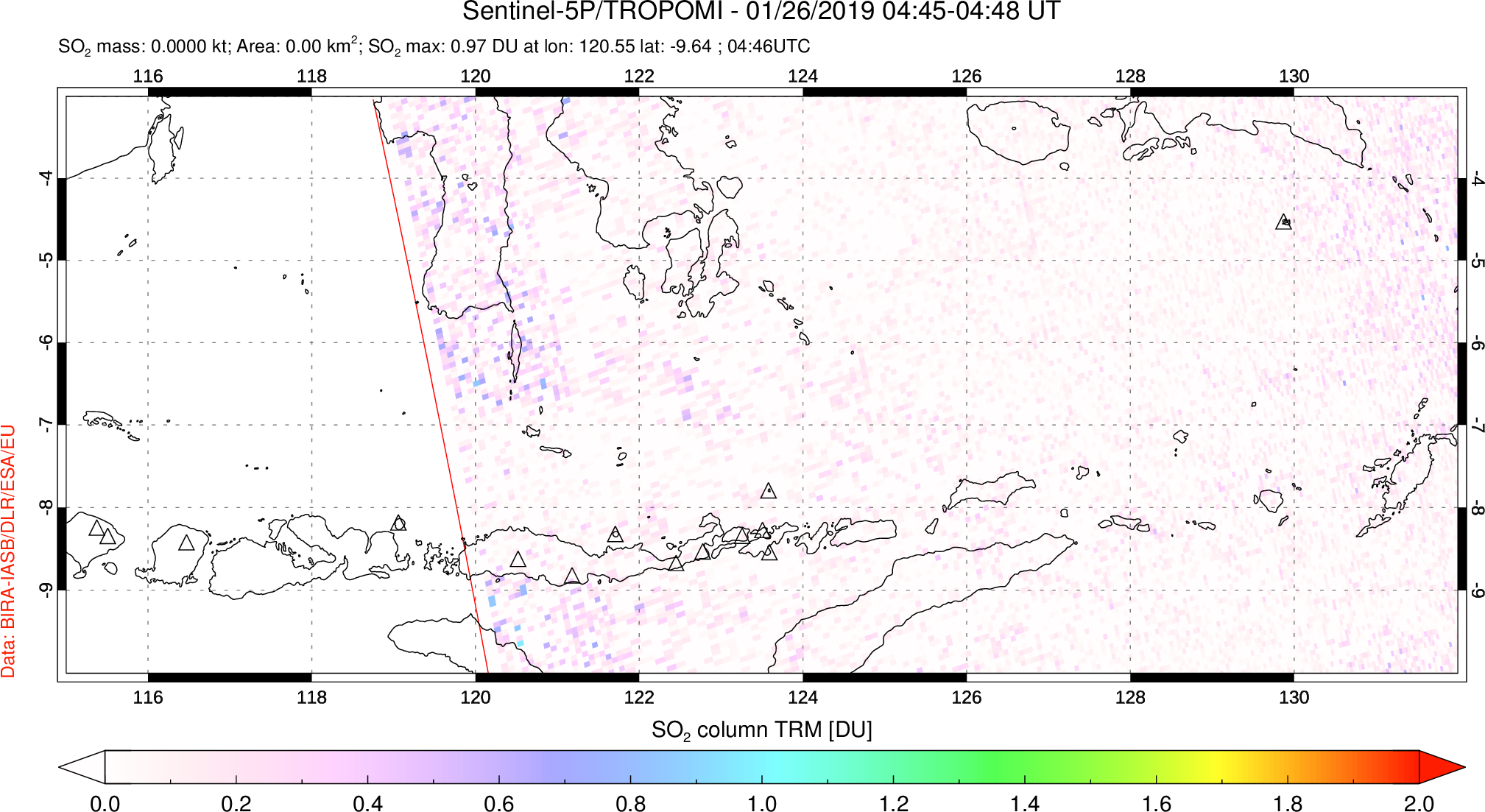 A sulfur dioxide image over Lesser Sunda Islands, Indonesia on Jan 26, 2019.