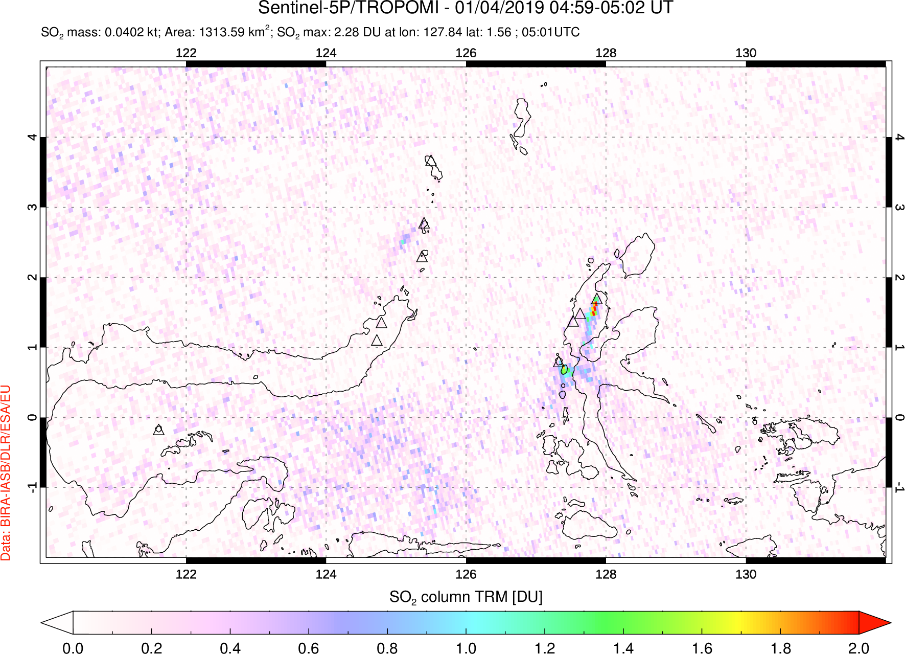 A sulfur dioxide image over Northern Sulawesi & Halmahera, Indonesia on Jan 04, 2019.