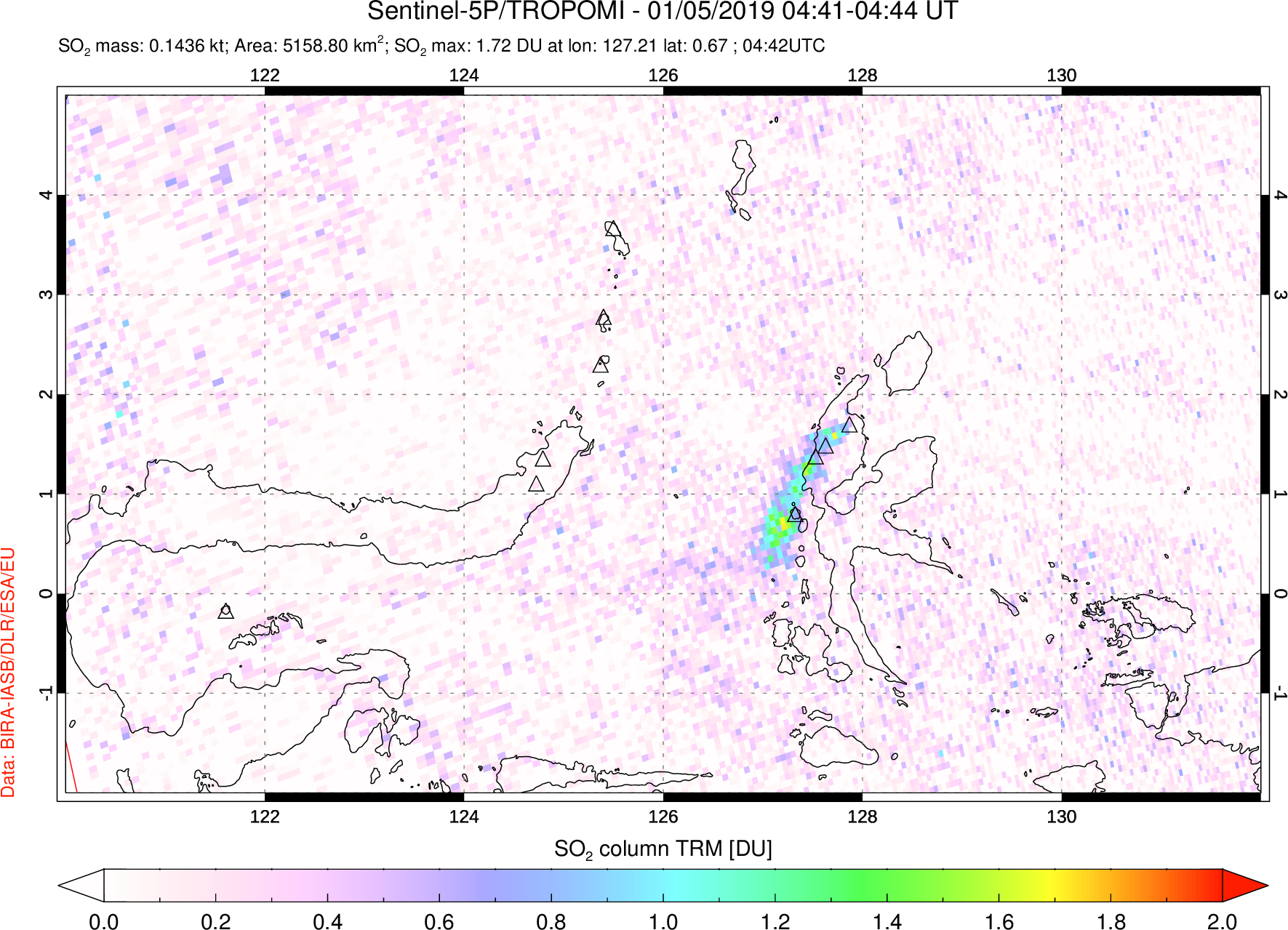 A sulfur dioxide image over Northern Sulawesi & Halmahera, Indonesia on Jan 05, 2019.